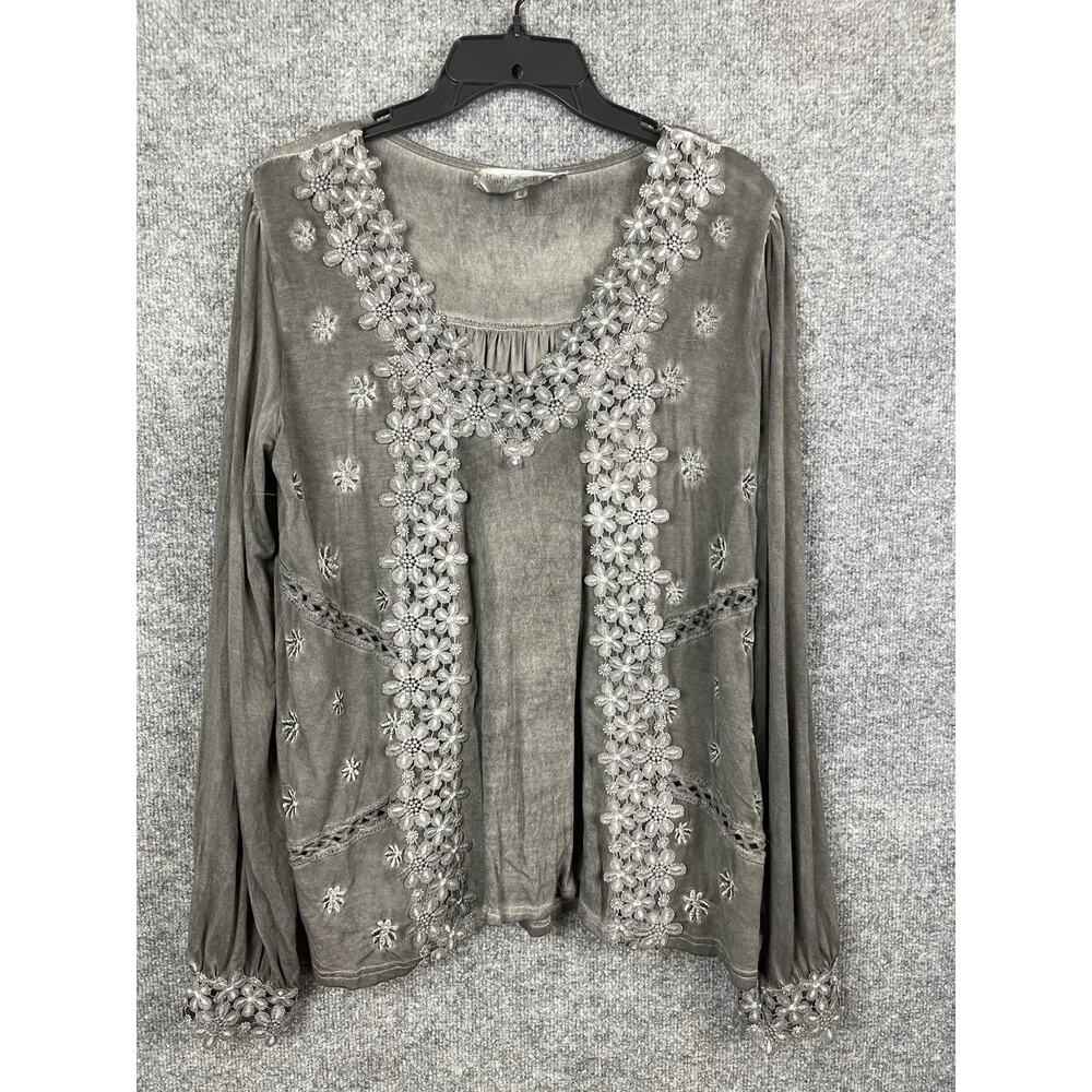POL Embroidered Lace Trim Blouse Oversize Long-Sleeve lace Cuffs‎ Charol Gray L
